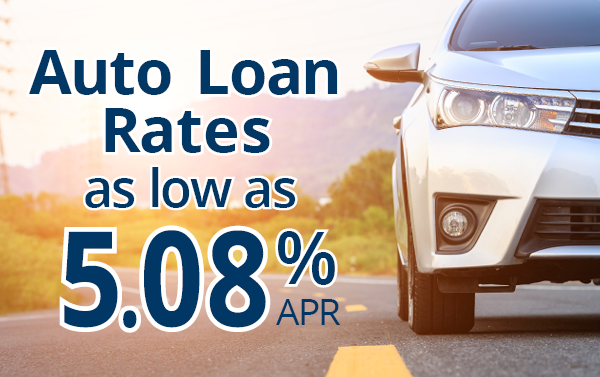 Silver car on a road. Text reads: Auto Loan Rates as low as 5.08 percent APR. 