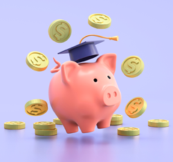 3-D illustration of a piggy bank wearing a graduation cap. It's surrounded by gold coins against a light blue background.