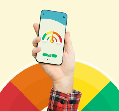 A hand holding a phone showing a credit scale. 