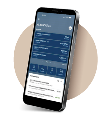 Smartphone with mobile banking app home screen. 