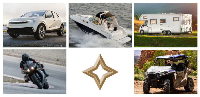 Collage of vehicle photos, including a car, a boat, an RV camper, a motorcycle, and a UTV. 
