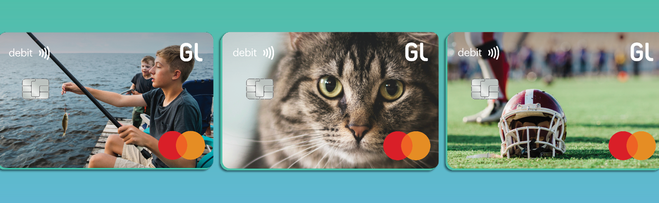 Debit cards showing a football helmet, a cat, and kids fishing.
