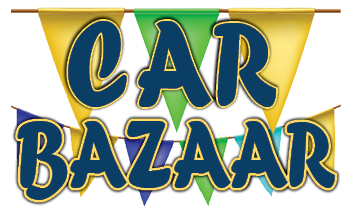 Dark blue text over a color banner reading, Car Bazaar.
